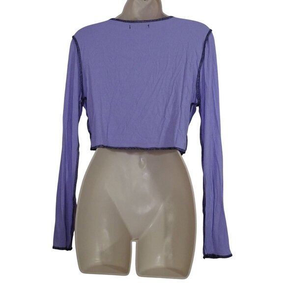 Shein Purple Tie Front Crop Cardigan Women Size L 8 10 Stretchy Knit Long Sleeve - Picture 2 of 9